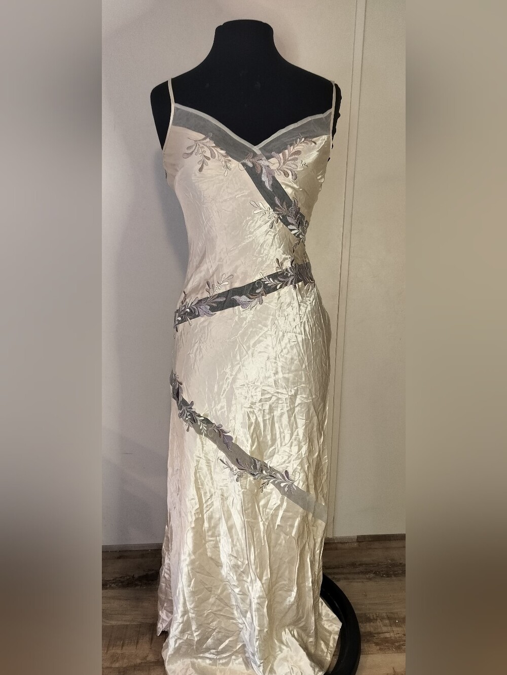 ABS Allen Schwartz Ivory Maxi Slip Dress with Silver Trim